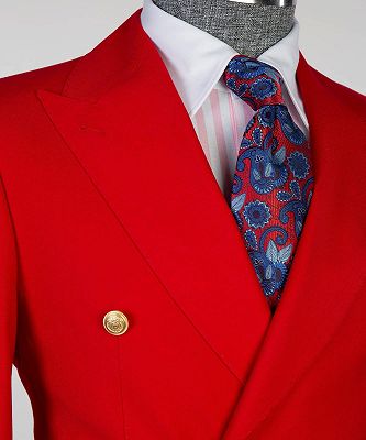 Luman Red Slim Fit Two Pieces Double Breasted Peaked Lapel Business Men Suits_2