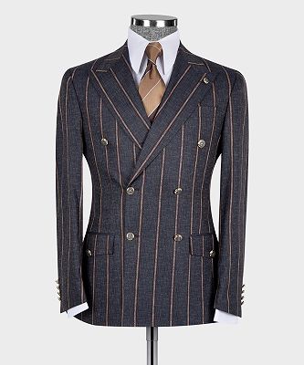Kenneth Newest Peaked Lapel Dark Grey Stripe Double Breasted Men Suits_5