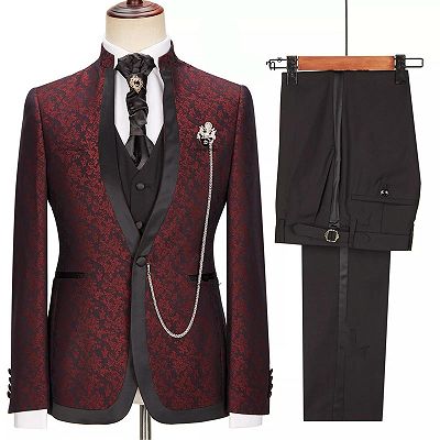 Timothy Burgundy Jacquard One Button Stylish 3-Pieces Wedding Suits With Sepcial Lapel