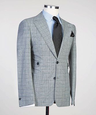 Theodore Light Grey Plaid Two Pieces Close Fitting Men Suits_2