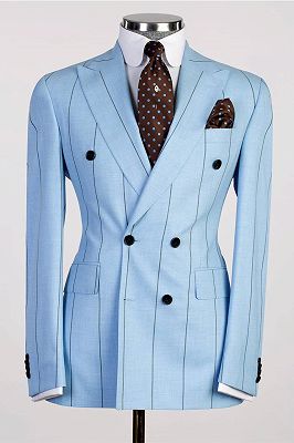 Robin Fashion Blue Stripe Slim Fit Peaked Lapel Two Pieces Men Suits