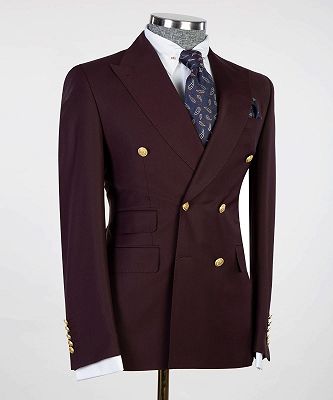 Kenneth Fashion Peaked Lapel Burgundy Double Breasted Men Suits_3