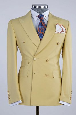 Lenny Sparkly Yellow Double Breasted Peaked Lapel  Men Prom Suits_1