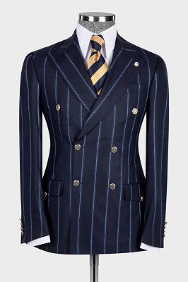 Lewis Fashion Navy Blue Stripe Peaked Lapel Double Breasted Busibess Men Suits