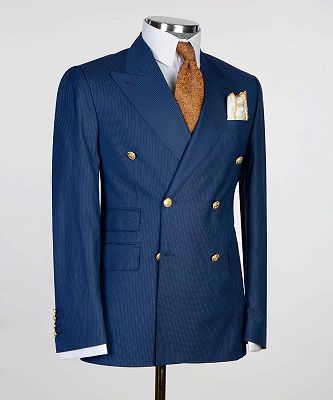 Louis Fashion Dark Blue Stripe Peaked Lapel Double Breasted Busibess Men Suits_3