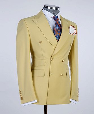 Lenny Sparkly Yellow Double Breasted Peaked Lapel  Men Prom Suits_3