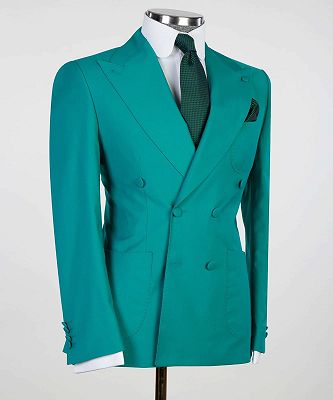 Floyd Chic Green Close Fitting Two Pieces Double Breasted Peaked Lapel Prom Suits_3