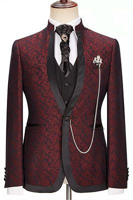Timothy Burgundy Jacquard One Button Stylish 3-Pieces Wedding Suits With Sepcial Lapel_1
