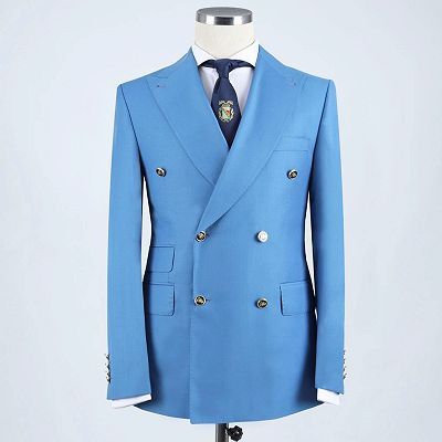 Wally Formal Blue Double Breasted Peaked Lapel Business Suits_3