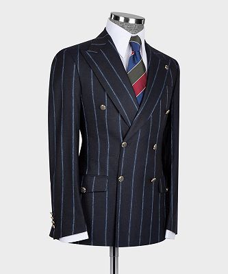 Justin Modern Black Stripe Double Breasted Peaked Lapel Business Men Suits