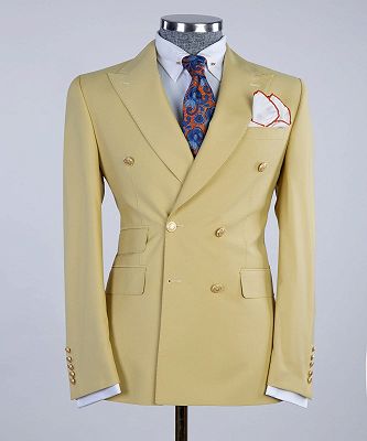 Lenny Sparkly Yellow Double Breasted Peaked Lapel  Men Prom Suits_4