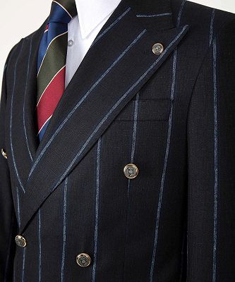 Justin Modern Black Stripe Double Breasted Peaked Lapel Business Men Suits_3