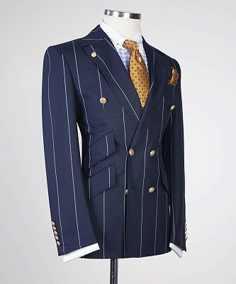 Leon New Arrival Navy Stripe Peaked Lapel Double Breasted Business Suits