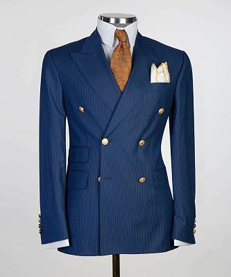 Louis Fashion Dark Blue Stripe Peaked Lapel Double Breasted Busibess Men Suits_4