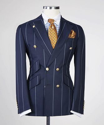 Leon New Arrival Navy Stripe Peaked Lapel Double Breasted Business Suits_3