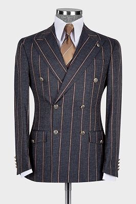 Kenneth Newest Peaked Lapel Dark Grey Stripe Double Breasted Men Suits