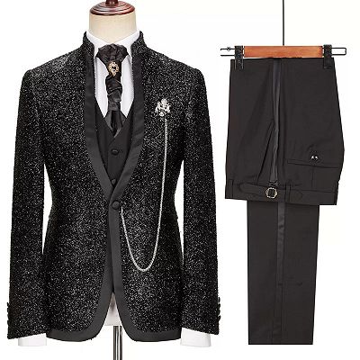 Abraham Black Glaring Stand Collar Fashion Three Pieces Prom Suits_2