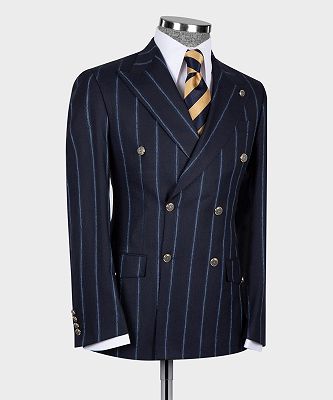 Lewis Fashion Navy Blue Stripe Peaked Lapel Double Breasted Busibess Men Suits_3