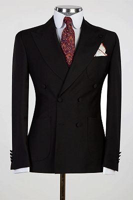 Elmer Black Double Breasted Peaked Lapel Business Men Suits_1