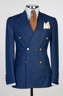 Louis Fashion Dark Blue Stripe Peaked Lapel Double Breasted Busibess Men Suits_1