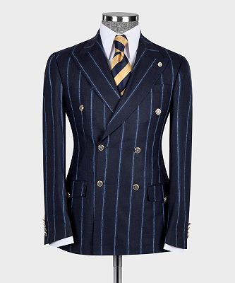 Lewis Fashion Navy Blue Stripe Peaked Lapel Double Breasted Busibess Men Suits_4