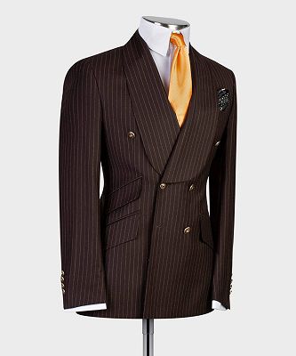 Bert Chic Chocolate Stripe Double Breasted Shawl Lapel Two Pieces Men Suits