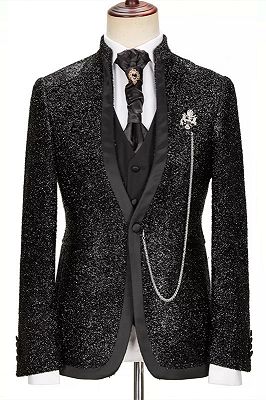 Abraham Black Glaring Stand Collar Fashion Three Pieces Prom Suits_1