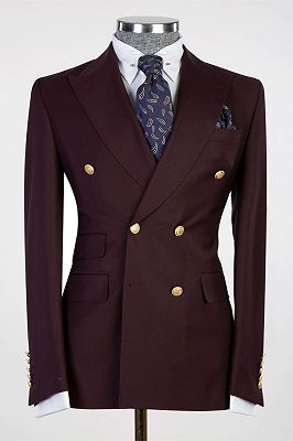 Kenneth Fashion Peaked Lapel Burgundy Double Breasted Men Suits_1
