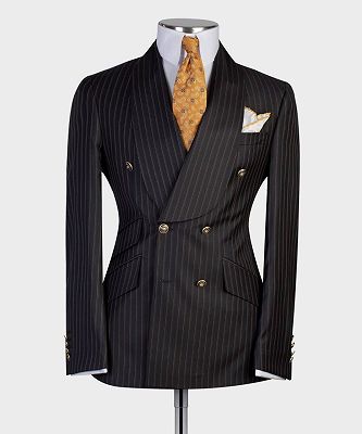 Luman Black Stripe Double Breasted Shawl Lapel Business Men Suits_3