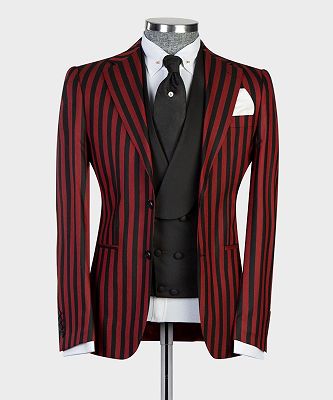 Leslie Red Stripe Fashion Three Pieces Formal Peaked Lapel Business Men Suits