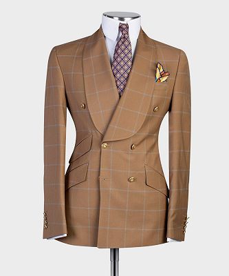 Antony Brown Chic Shawl Lapel Plaid Double Breasted Men Suits_3