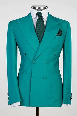 Floyd Chic Green Close Fitting Two Pieces Double Breasted Peaked Lapel Prom Suits_1