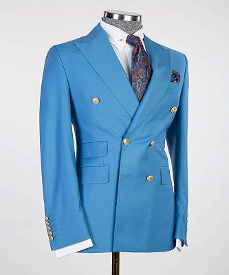 Julian Modern Blue Double Breasted Peaked Lapel Business Men Suits_3