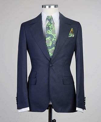 Clement Chic Navy One Button Three Pieces Peaked Lapel Men Suits_6