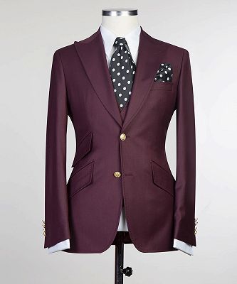 Darrell Fashion Burgundy Three Pieces Peaked Lapel Men Suits_5