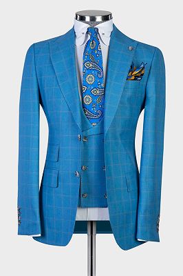 Harold Blue Plaid Three Pieces Peaked Lapel Men Suits For Business