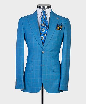 Harold Blue Plaid Three Pieces Peaked Lapel Men Suits For Business_5