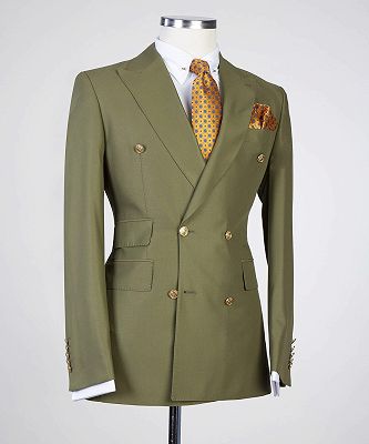 Edward Olive Green Peaked Lapel Double Breasted Close Fitting Prom Suits