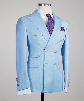 Bernie Sky Blue New Arrival Peaked Lapel Double Breasted Two Pieces Prom Suits_2