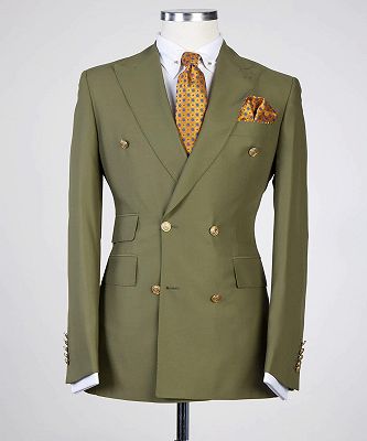 Edward Olive Green Peaked Lapel Double Breasted Close Fitting Prom Suits_3