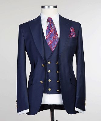 Archie Dark Navy Chic Peaked Lapel Three Pieces Men Suits_5