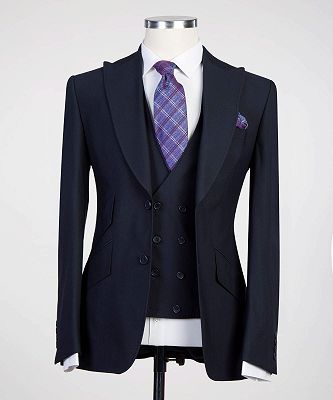 Graham Fashion Dark Navy Three Pieces Peaked Lapel Men Suits_5
