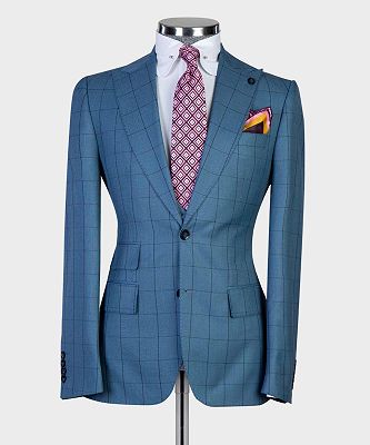 Gordon Fashion Blue Plaid Slim Fit Peaked Lapel Three Pieces Men Suits_5