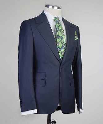 Clement Chic Navy One Button Three Pieces Peaked Lapel Men Suits_4