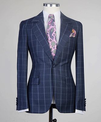 Cuthbert Stylish Navy Plaid Slim Fit Tailored Men Suit For Business_5