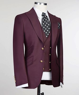 Darrell Fashion Burgundy Three Pieces Peaked Lapel Men Suits_3