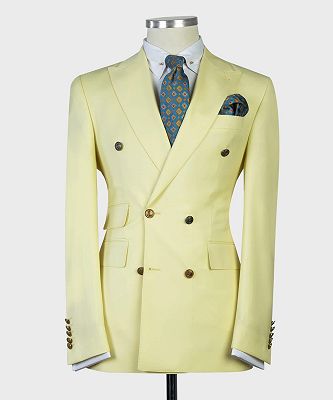 Dustin Newest Light Yellow Double Breasted Peaked Lapel Men Suits_3