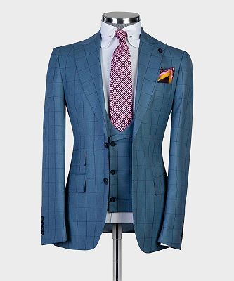 Gordon Fashion Blue Plaid Slim Fit Peaked Lapel Three Pieces Men Suits_4
