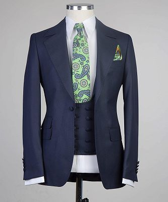 Clement Chic Navy One Button Three Pieces Peaked Lapel Men Suits_5