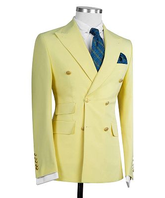 Bertran Yellow Fashion Double Breasted Peaked Lapel Men Suits_2